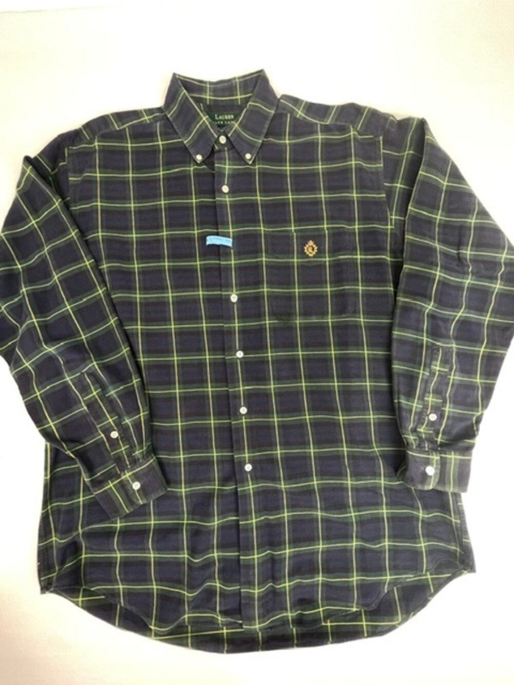 Lauren Ralph Lauren Button Down Shirt Green Blue Plaid Cotton Crest Logo Large
